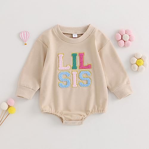 Twopumpkin Newborn Baby Toddler Girl Sweatshirt/Romper Onesie Little Big Sister Matching Outfit Fall Winter Clothes (Lil Sis Romper, 0-3 Months)