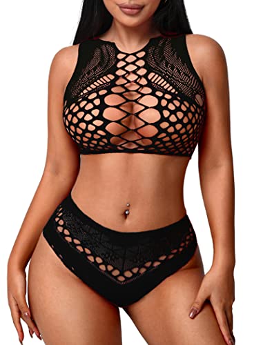 Avidlove Lingerie for Women Sexy Fishnet Lingerie Two Piece Lingerie Fishnet Outfit Stripper Outfit Black Lingerie Sets