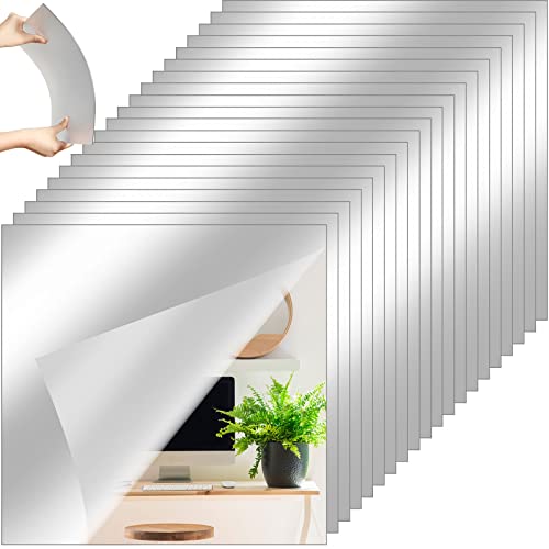 Queekay 20 Pcs Gym Mirrors for Home Frameless Acrylic Wall Mirror Square 2mm Thick Wall Mounted Mirror Tiles Self Adhesive Mirror Sheets for Bedroom Ceiling(12 x 12 Inches)