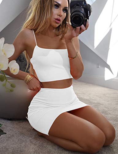 Kaximil Women's Summer 2 Piece Outfits Cami Crop Top Bodycon Skirt Mini Club Dress, Large, White