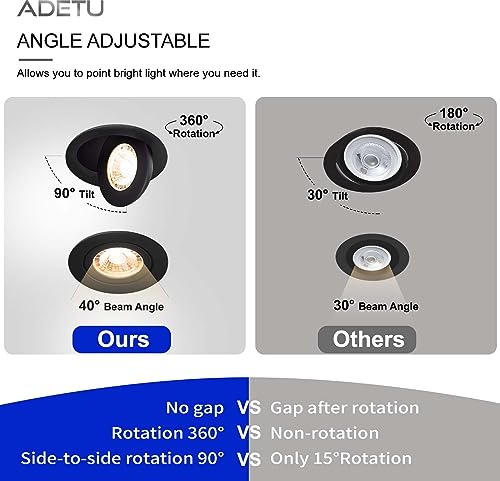 Adetu 4 Inch Gimbal Black Led Recessed Light, 360°+90° Adjustable Directional Recessed Lighting, 2700K/3000K/3500K/4000K/5000K Dimmable Retrofit Eyeball Can Light with Jbox,ETL（Black，6 Pack）