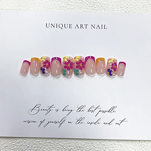 24 Pcs Summer Press on Nails Medium Square Fake Nails Colored Flowers Design Glossy Acrylic Nails French Tip False Nails with White Dots Stick on Nails Artificial Nails for Women and Girls DIY