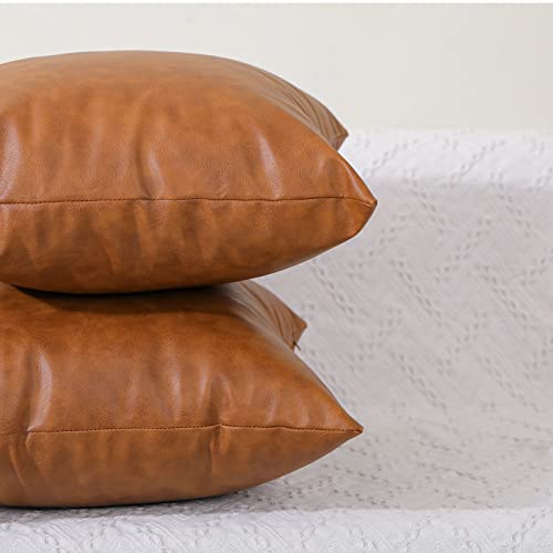 Set of 2 Faux Leather Throw Pillow Covers, Modern Brown Outdoor Cushion Covers Decorative Pillowcases for Couch Bed Sofa (18 x 18 Inches)