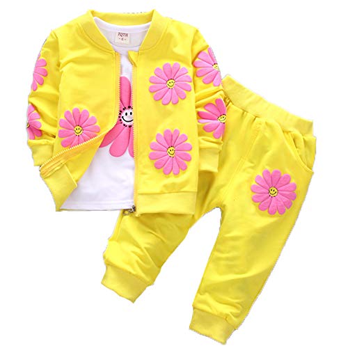 1-5Years Toddler&Little Girls Flowers Print 3 Piece Sets T Shirt Vest and Pants (2-3Years, Yellow)