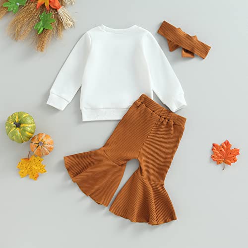 Baby Girl Halloween Outfit Pumpkin Print Long Sleeve Sweatshirt Tops Bell Bottom Pants Toddler Flare Clothes Set (A Brown White Pumpkin Patch, 18-24 Months)