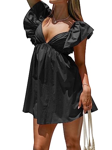 Zebaexf Womens Spring Summer V Neck Knot Back Causal Strap Short Flowy Swing Mini Dress