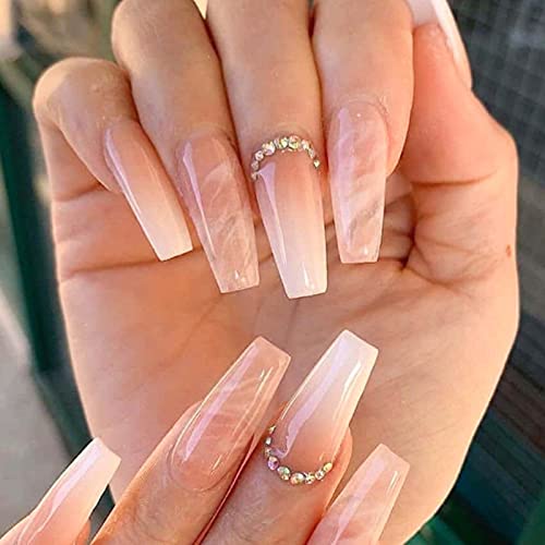 Kamize Press on Nails Long Coffin Fake Nails Ballerina Nails Acrylic Full Cover Bling Rhinestone False Nails for Women and Girls24PCS