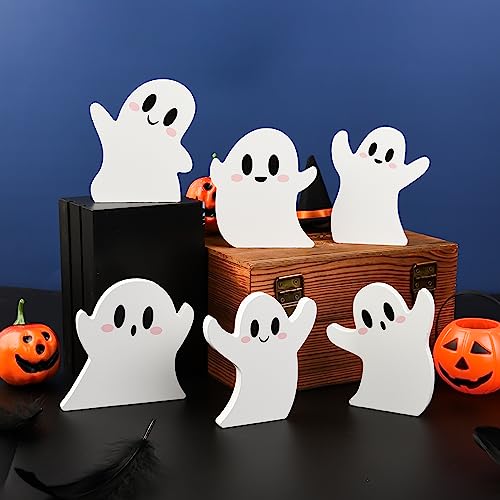 6 Pcs Halloween Decorations White Ghost Miniature Wooden Signs Cute Distressed Cutouts Whimsical Fall Table Centerpieces for Manterl Shelf Tiered Tray Home Kitchen Party Decor