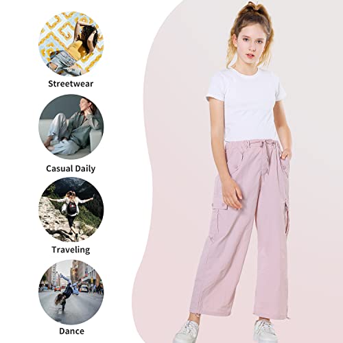 Rolanko Girls Parachute Pants, Cargo Pants for Girls Baggy Y2K Loose Jogger Trousers with Pockets (Pink, 12-14)