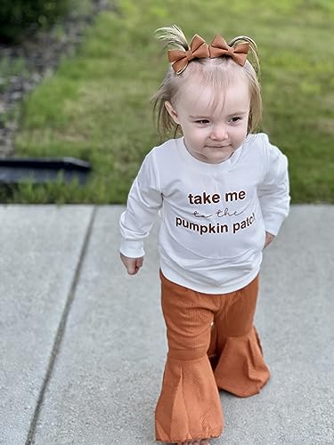 Baby Girl Halloween Outfit Pumpkin Print Long Sleeve Sweatshirt Tops Bell Bottom Pants Toddler Flare Clothes Set (A Brown White Pumpkin Patch, 18-24 Months)