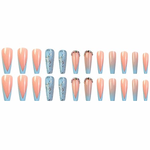 MISUD Long Coffin Press on Nails Ballerina Fake Nails Glossy Glue on Nails Blue French Tip Acrylic Nails Bling Glitter Artificial Nails 3D Rhinestone Stick on False Nails with Gradient Design 24 pcs