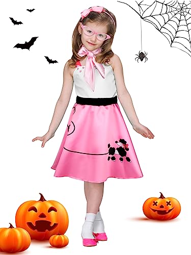 AOTHSO 6 Pieces 1950s Girls Poodle Skirt 50s Costume Accessory, Headband Glasses Scarf Socks Outfit Halloween Costume