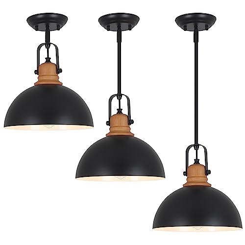 LAMSU 3 Pack Black Pendant Lights Kitchen Island, Farmhouse Dining Room Light Fixtures with Metal Dome Shades, Industrial Chandeliers Hanging Lighting for Living Room, Hallway, Height Adjustable