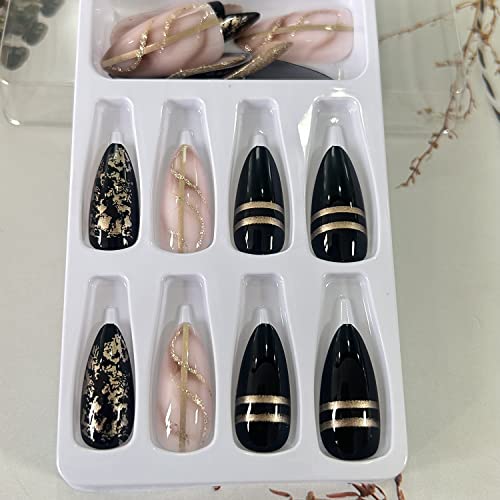 French Tip Press on Nails Almond Medium Fake Nails with Gold Line Shine Design Full Cover Reusable Black Artificial Acrylic Coffin False Nails Set Women Glue on Nails Stick on Nails for Nail Art