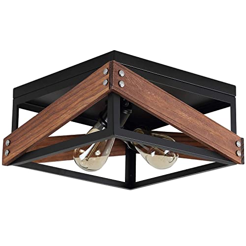 Rustic Industrial Flush Mount Light Fixture Two-Light Metal and Wood Square Flush Mount Ceiling Light for Hallway Living Room Bedroom Kitchen Entryway Farmhouse, Black