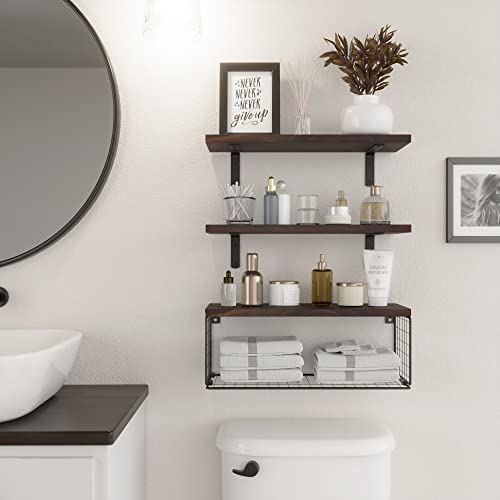 WOPITUES Bathroom Shelves Over Toilet, Floating Bathroom Shelves Wall Mounted with Wire Basket, Wood Floating Shelf for Wall Décor, Bathroom Wall Décor Shelves, Wall Shelves for Bathroom–Rustic Brown