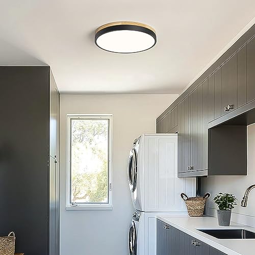 Vikaey Modern Wood LED Ceiling Light Fixture, Simple Black Flush Mount Ceiling Lamps, Circle Close to Ceiling Lighting Fixtures for Living Room, Bedroom, Dining Room, Kitchen, Laundry Room (11.8")