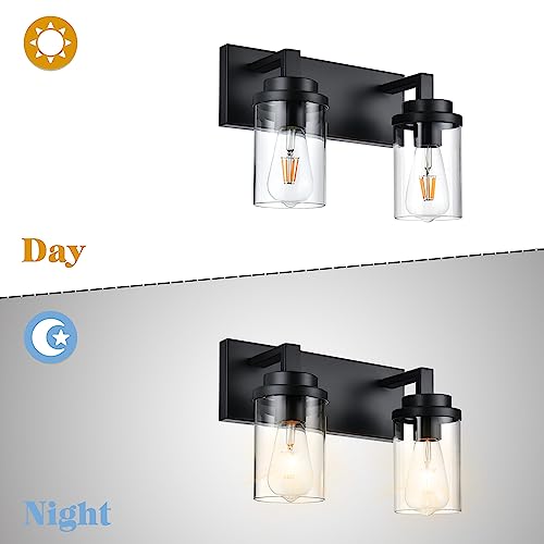 TULUCE 2-Light Vanity Lights, Black Wall Sconces Lighting with Clear Glass Shade Wall Lights for Mirror, Kitchen, Living Room, Gallery, Hallway, E26 Base Bathroom Vanity Lighting