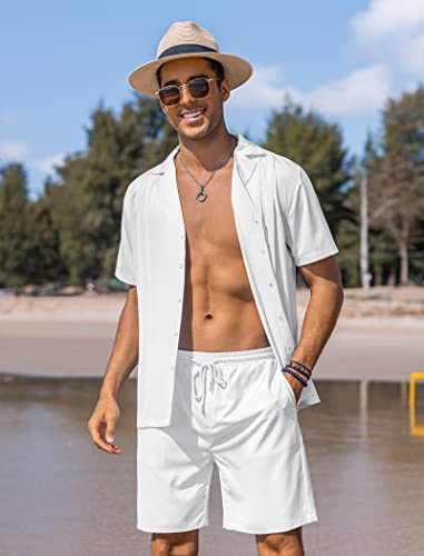 COOFANDY Mens Coordinated Outfit Button Down Shirt Sets Leisure Short Sleeve Shirt and Shorts Suits, White, Medium