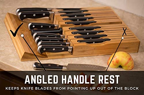 In-Drawer Bamboo Knife Block Holds 16 Knives (Not Included) Without Pointing Up PLUS a Slot for your Knife Sharpener! Noble Home & Chef Knife Organizer Made from Quality Moso Bamboo