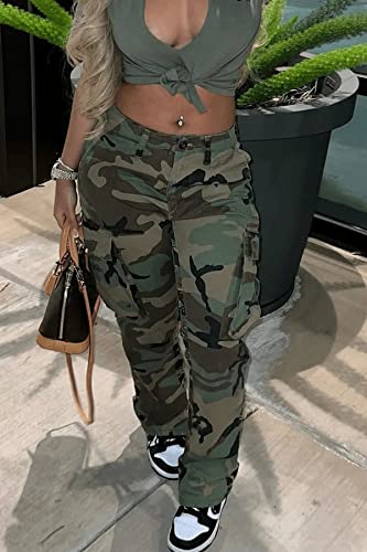 Casual Plus Size Camo Cargo Pants for Women High Waist Slim Fit Camouflage Jogger Army Pants Sweatpants with Pockets