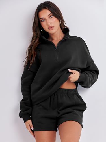 Prinbara 2 Piece Lounge Set For Women Outfits Fall Sweatsuit Fleece Oversized Half Zip Sweatshirt Casual Loose Matching Short Set Loungewear Sweat Set Preppy Clothes Black 7PA75-heise-M