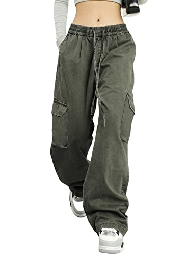 Dokotoo Womens 6 Pockets High Waisted Wide Leg Cargo Pants Baggy Casual Combat Military Pants Green