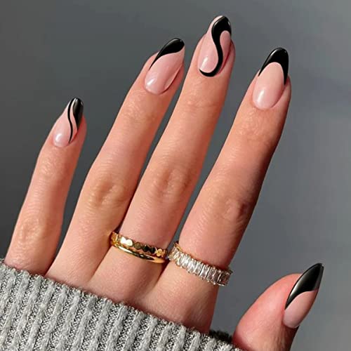 Press on Nails Medium Black French Tip Almond Fake Nails Full Cover False Nails with Black Swirl Designs Glossy Black Nail Tip Acrylic Nails Artificial Nails for Women Girls 24 Pcs