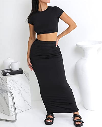 Two Piece Skirt Set for Women 2 PC Y2K Outfits Short Sleeve Crop Tops Bodycon High Waist Long Maxi Skirts Black S