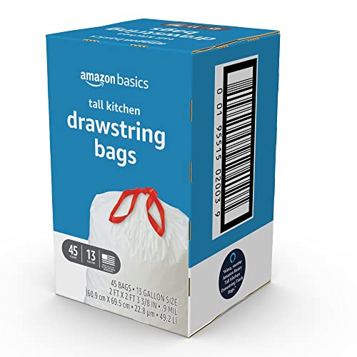 Amazon Basics Tall Kitchen Drawstring Trash Bags, 13 Gallon, Unscented, 45 Count (Previously Solimo), White