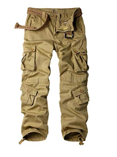 TRGPSG Men's Wild Cargo Pants, Camo Pants Cotton Casual Work Hiking Pants with 8 Pockets(No Belt) 5337 Khaki 34