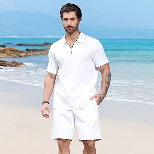 Aulemen Mens 2 Piece Zip Tracksuit Short Sleeve Print Polo Shirt and Shorts Sets Summer Outfits for Men White XL