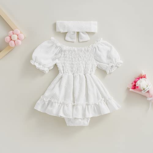 Infant Baby Girls Romper Dress Dot Pattern Short Sleeve Ruched Jumpsuits Skirts Hem Bodysuits Headband (White dots, 6-12 Months)