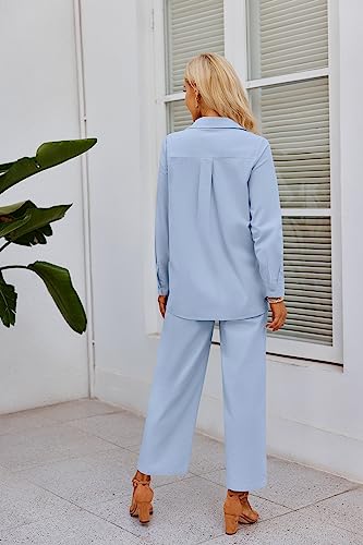 Zeagoo Womens Coordinated Outfit 2 Piece Linen Sets Button Down Linen Shirts Summer Loose Long Pants, 1light Blue, Large