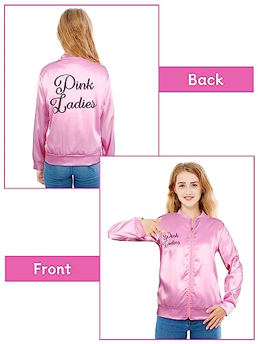 AOTHSO 1950s Pink Satin Jacket with Headband Scarves Earrings Glasses for Women 8 Pieces Halloween Adults Cosplay Costume Set