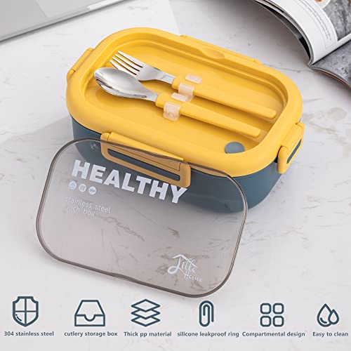 Lille Home 28oz Stainless Steel Leakproof 2-Compartment Bento Lunch Box/Portion Control Food Container with Lunch Bag and Cutlery Set, BPA Free (Blue)