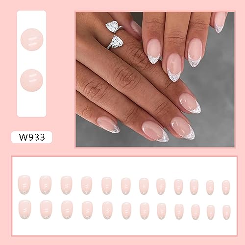 Silver French Tip Press on Nails Medium Length Oval Fake Nails Glossy Nude False Nails Reusable Artificial Nails Natural Glue on Nails for Women DIY Manicure Decoration Stick on Nails