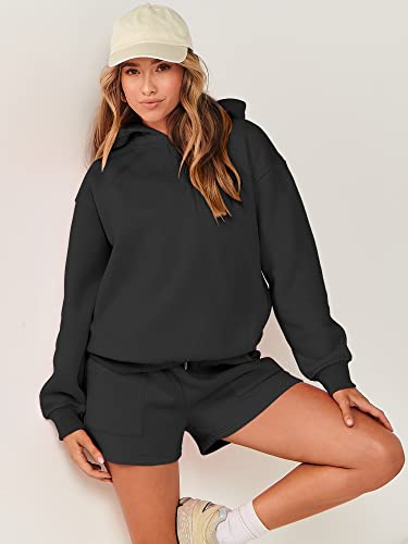 ANRABESS Women 2 Piece Outfits Hoodies Short Set Oversized Fleece Sweatshirt Shorts Sweatsuit Y2K 2023 Fall Clothes Lounge Matching Sweat Set 1046heise-S