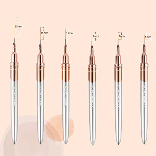 Liner Brush for Nails, 6Pcs Thin Nail Art Brushes Professional Nail Detail Brush for Gel Polish Sizes 5/7/9/11/15/25mm (Silver and Golden)