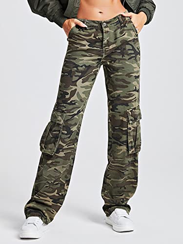 WDIRARA Women's Camo Print Cargo Baggy Jeans High Waist Wide Leg Denim Army Pants Army Green Camouflage S