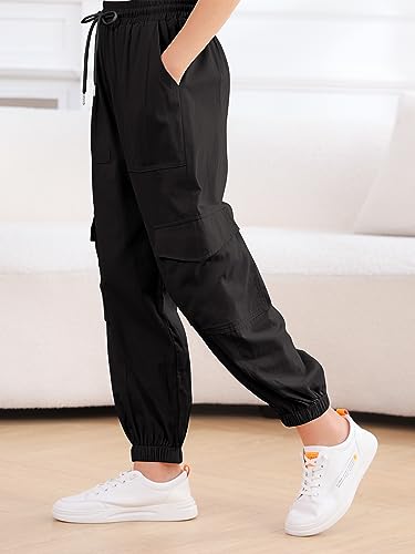 Kids Girl's Elastic Waist Black Casual Cargo Pants Pocket Side Cargo Jogger Long Pants 9-10 Years Old