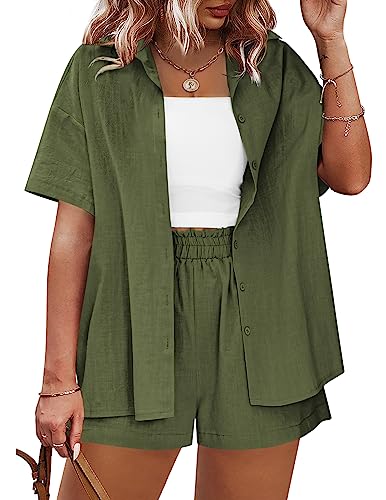 IN'VOLAND Women's Plus Size 2 Piece Outfits Short Sleeve Blouse and Shorts Set Cotton Linen Set Casual Tracksuits Loungewear with Pockets Green,22W