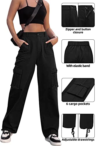 ZMPSIISA Women High Waisted Cargo Pants Wide Leg Casual Pants 6 Pockets Combat Military Trousers(Black,Small)