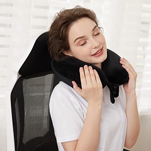 Travel Neck Pillow, Best Memory Foam Airplane Pillow for Head Support Soft Adjustable Pillow for Plane, Car & Home Recliner Use (Black)