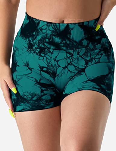 YEOREO Women Seamless Biker Shorts 3.6" Booty Scrunch Workout Shorts Tie Dye Gym Yoga Shorts Blue Green XL