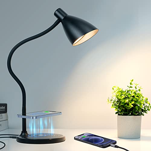 Desk Lamp, Reading Lamp with USB Charging Port 15W Fast Wireless Charger 5 Lighting Modes 7 Brightness Dimmable Eye Care Touch Bedside Table Lamp Gooseneck Desk Lamp for Home Office Dorm with Adapter