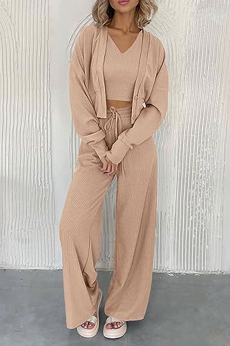 PRETTYGARDEN Womens 2023 Fall Track Suits 3 Piece Outfits Matching Sets Ribbed Knit Cardigan Cropped Tank Tops Wide Leg Pants (Khaki,Small)