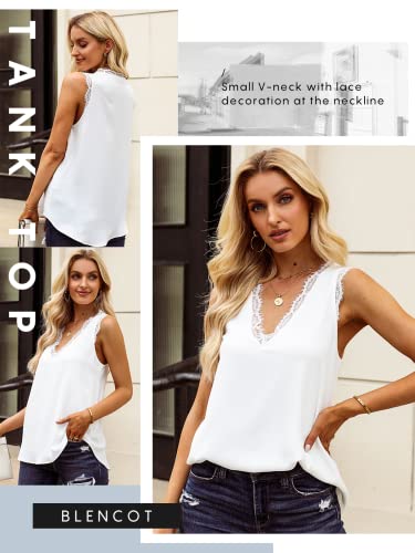 BLENCOT Women Lace Trim Tank Tops V Neck Fashion Casual Sleeveless Blouse Vest Shirts Small A White