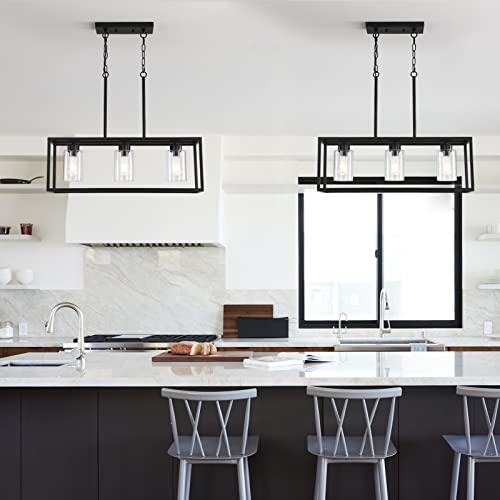 Black 3-Light Dining Room Light Fixture, Modern Farmhouse Chandeliers, Linear Rectangular Kitchen Island Lighting, Industrial Vintage Pendant Lighting with Clear Glass Shade Height Adjustable