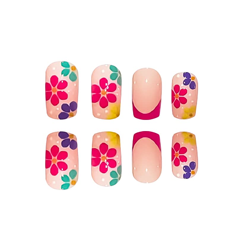 24 Pcs Summer Press on Nails Medium Square Fake Nails Colored Flowers Design Glossy Acrylic Nails French Tip False Nails with White Dots Stick on Nails Artificial Nails for Women and Girls DIY